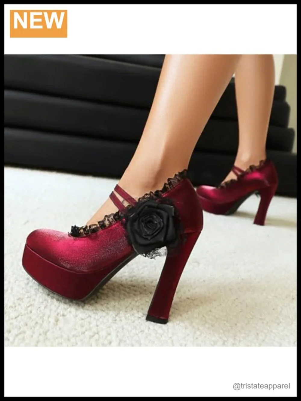 Women's Mary Jane Gothic Platform Pump High Heels Lace Flower Close Round Toe